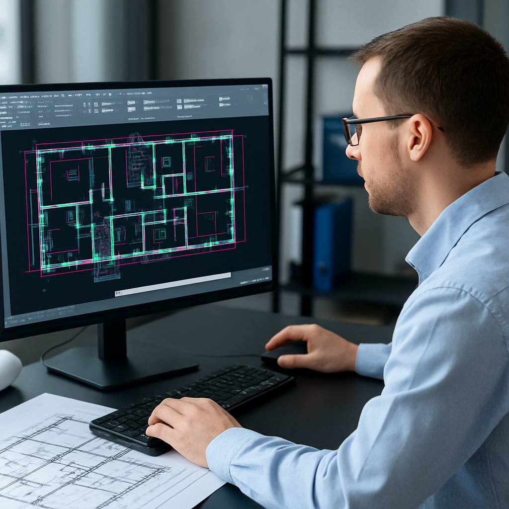 AutoCad engineering person in office with computer screen and building floor plans on the screen