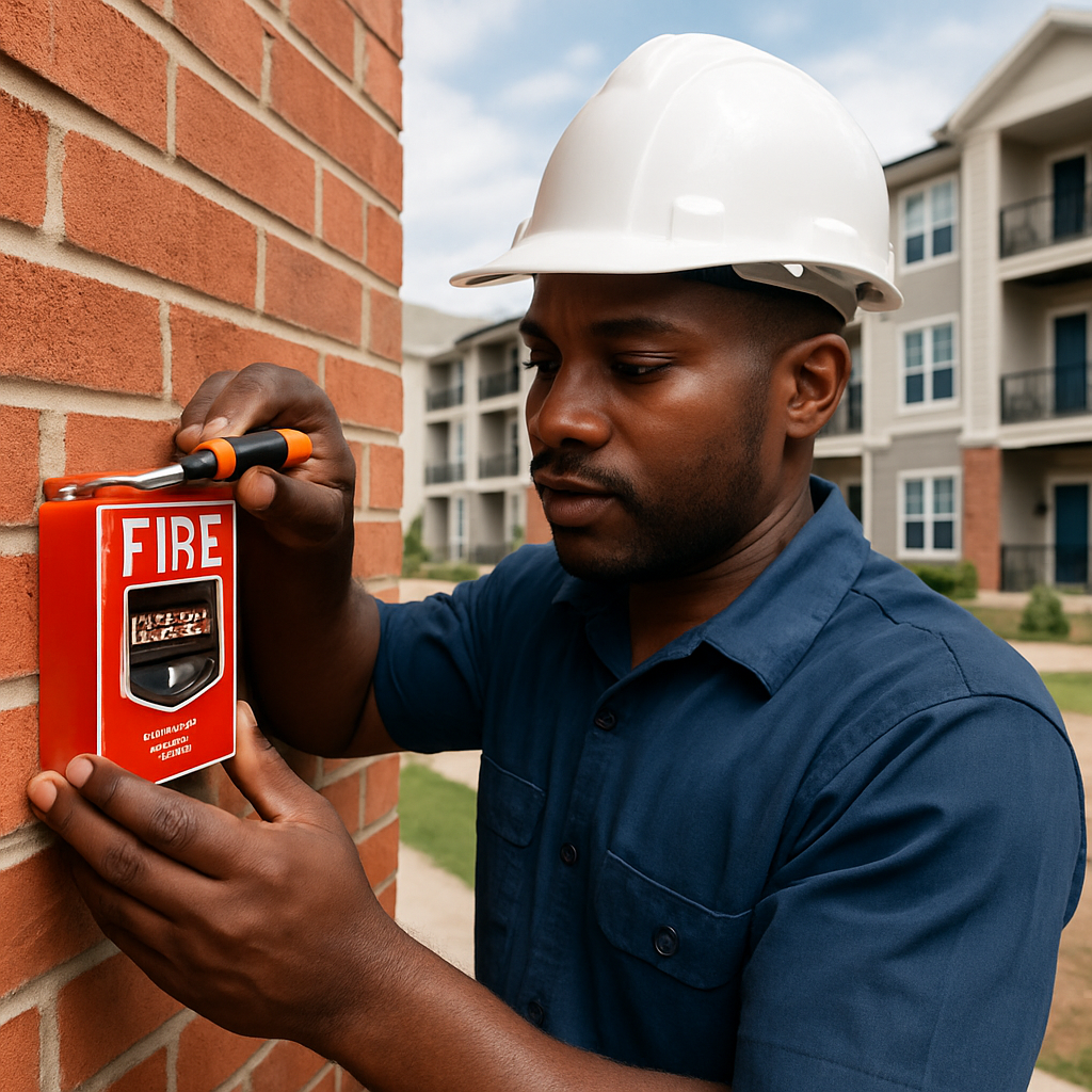 Colored Fire Alarm Technician with a White hard hat on a multifamily housing site-1