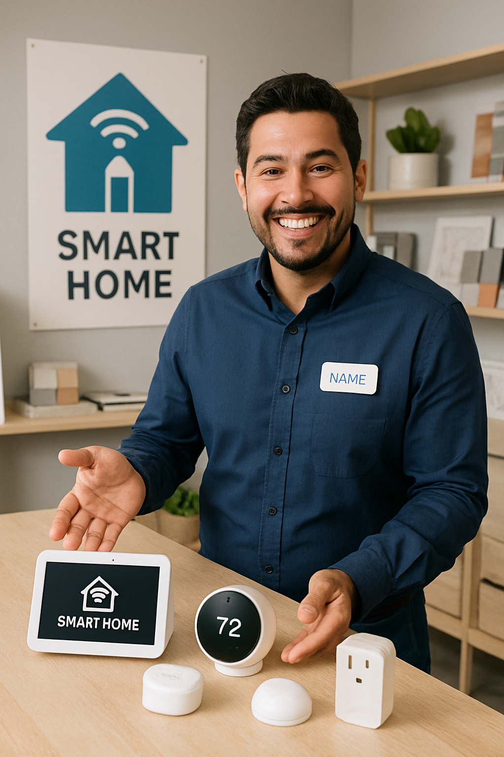 Happy Hispanic salesperson selling smart home technology in a design studio-1