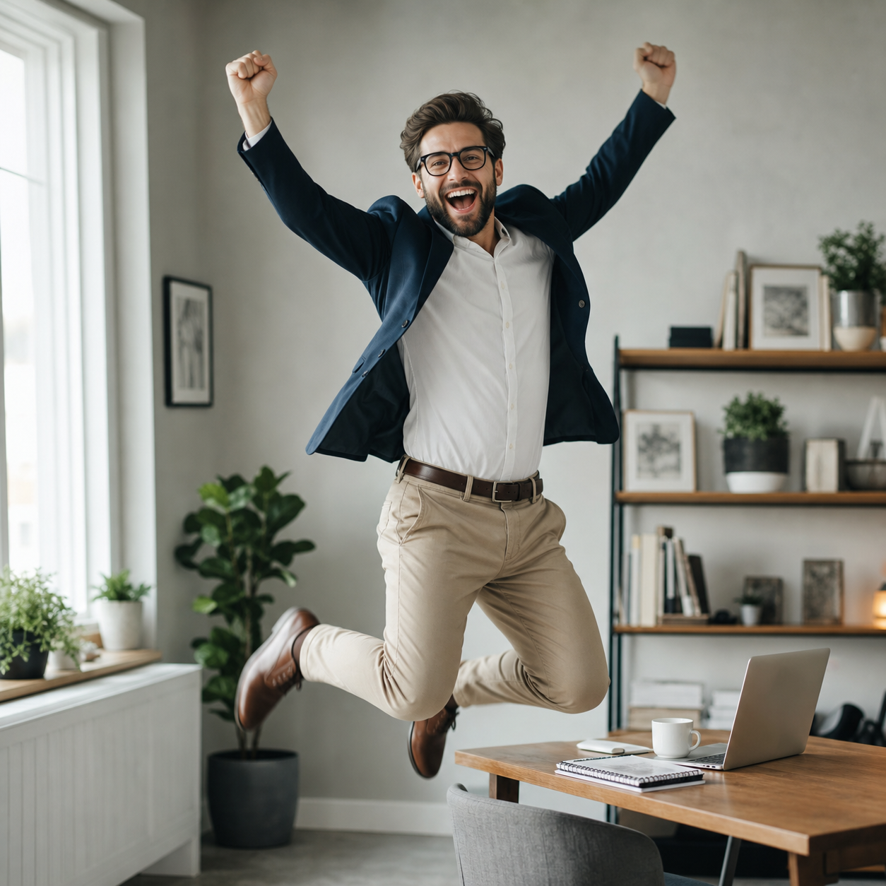 Person Jumping with Joy in Home Office