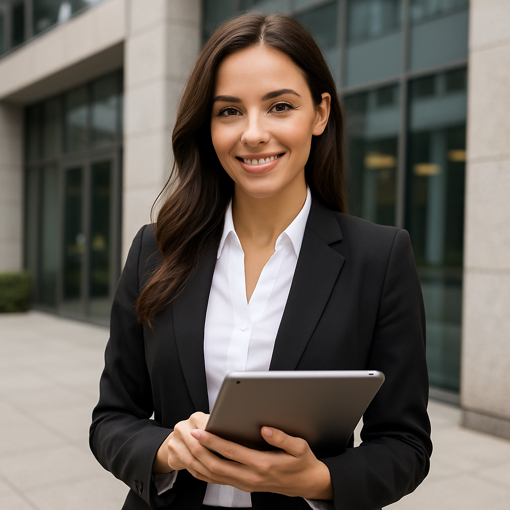 attractive female sales person with tablet in front of an office building-1