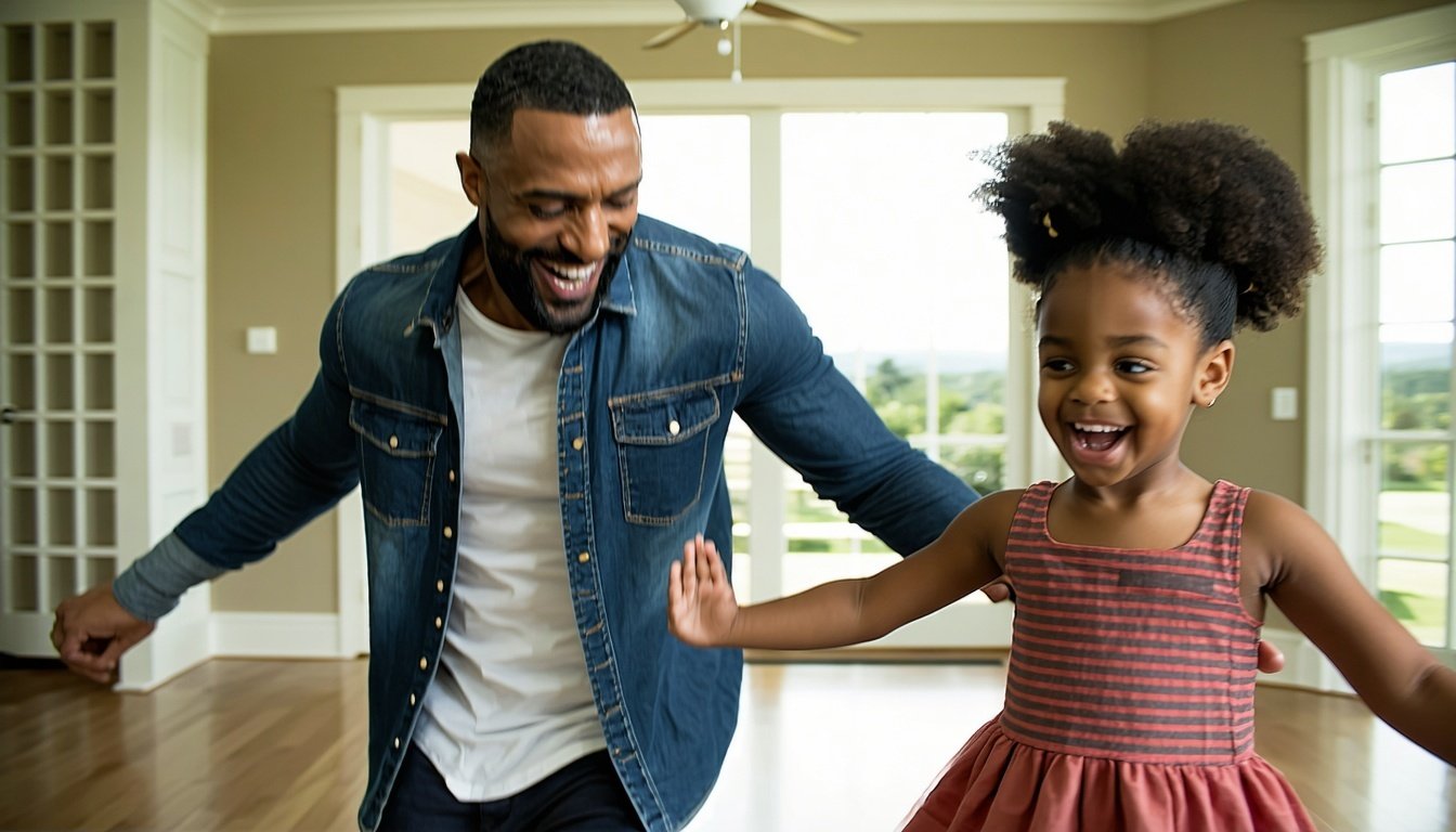 black dad with son and daughter dancing in great room