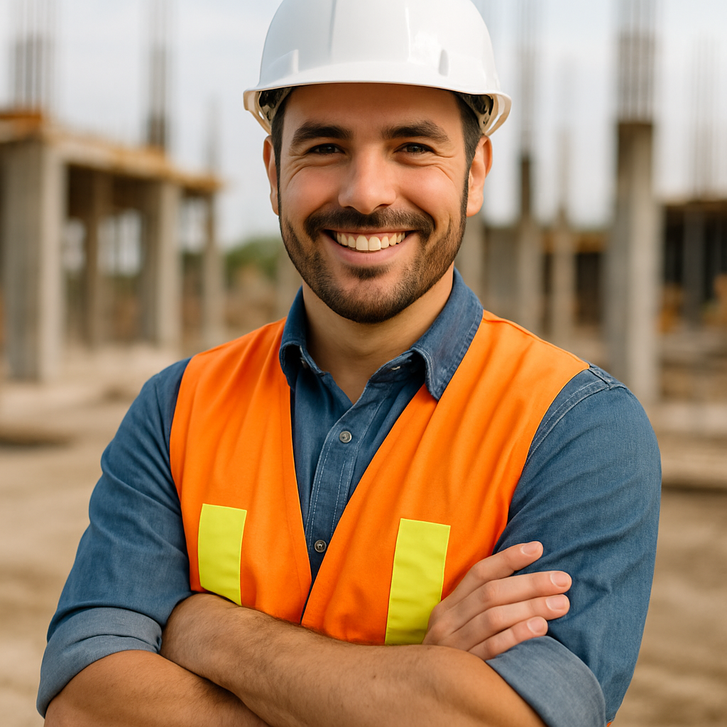 confident construction worker with smile and white hard hat