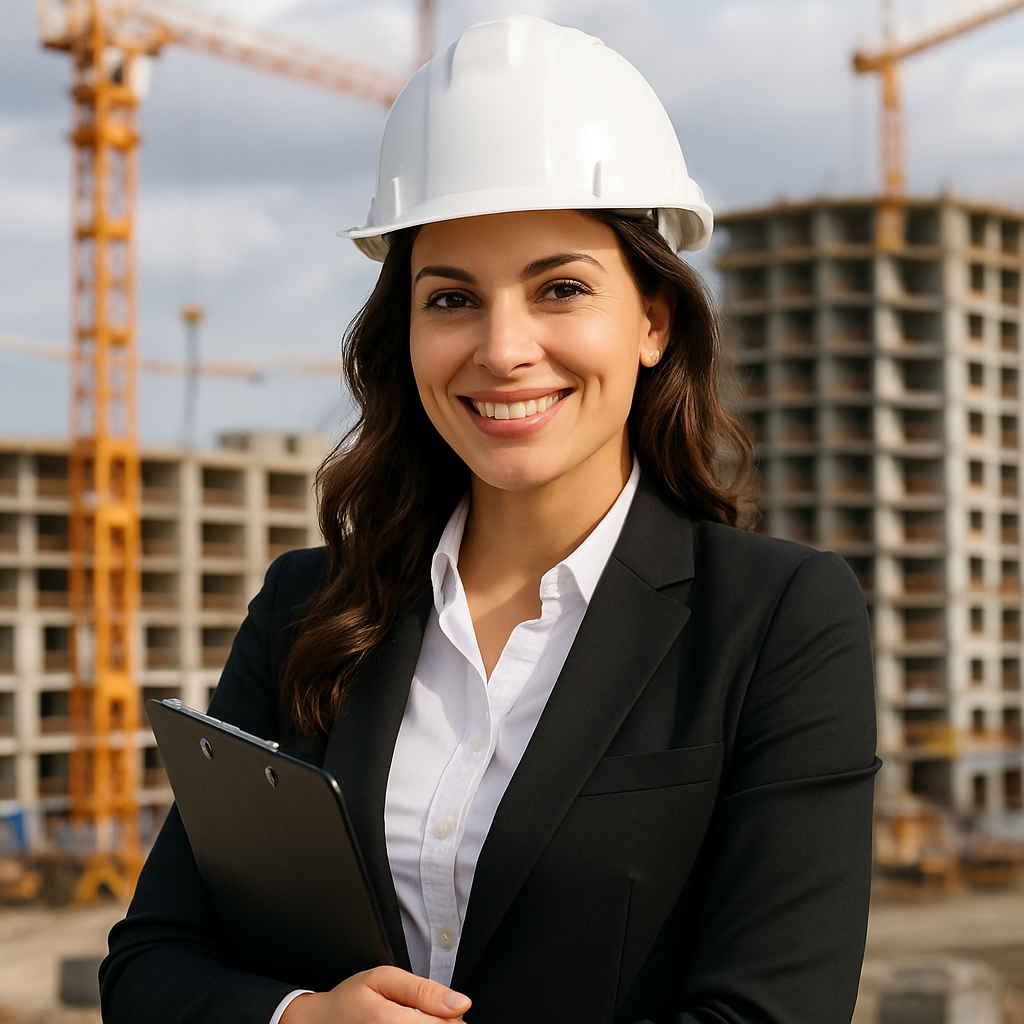 construction sales representative about 39 years old beautiful female and with a white hard hat-1