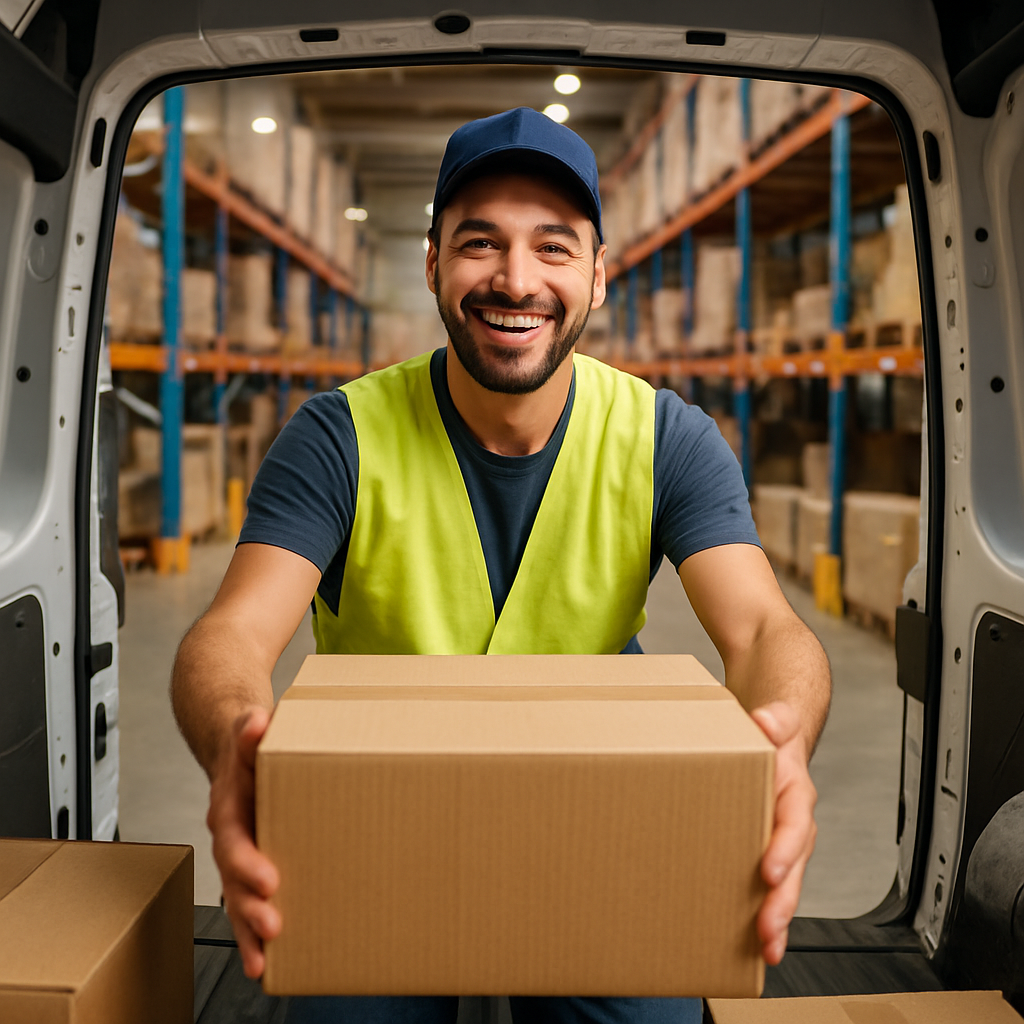 happy warehouse man with a yellow safety vest loading a box into the back of a van Camera view inside the van facing out the back and warehouse in the-1
