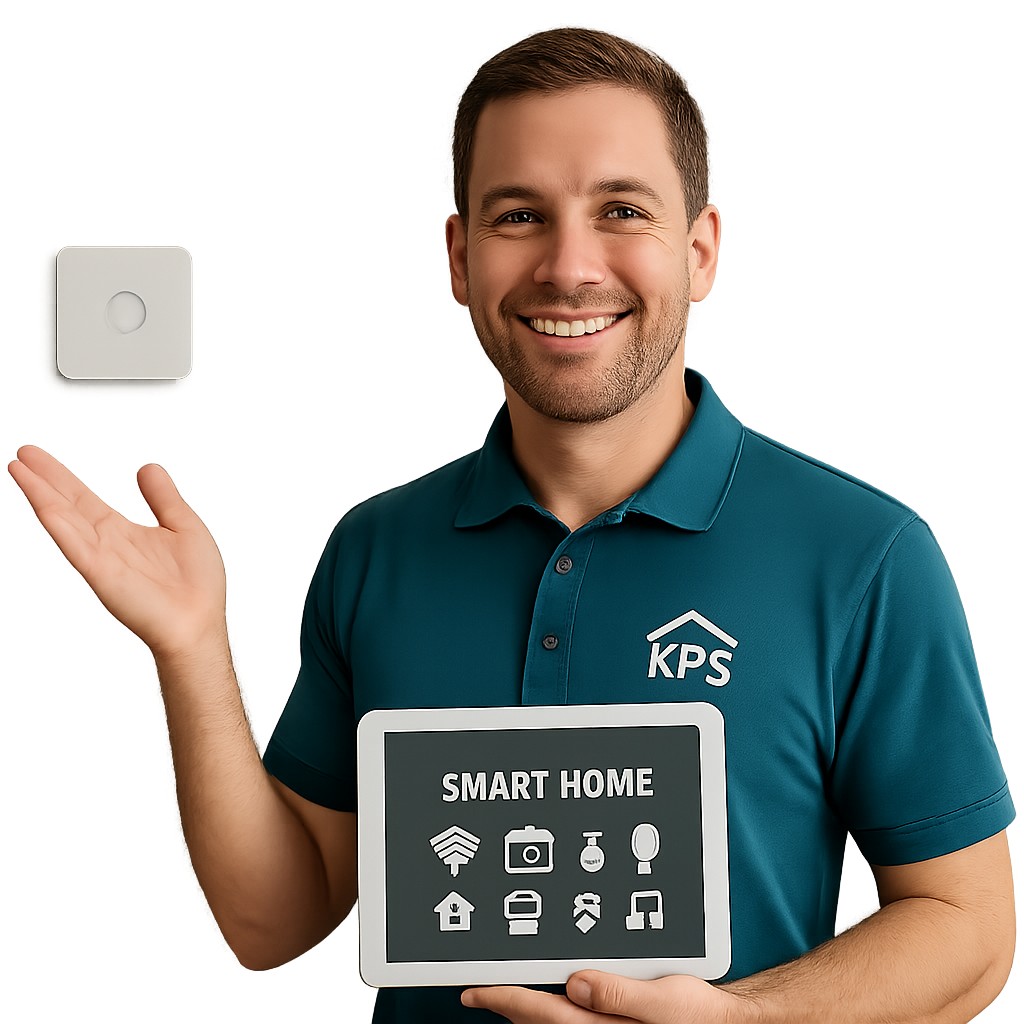 smart home technology smiling salesperson with polo shirt and logo on shirt that can be found at kpsalarmscom